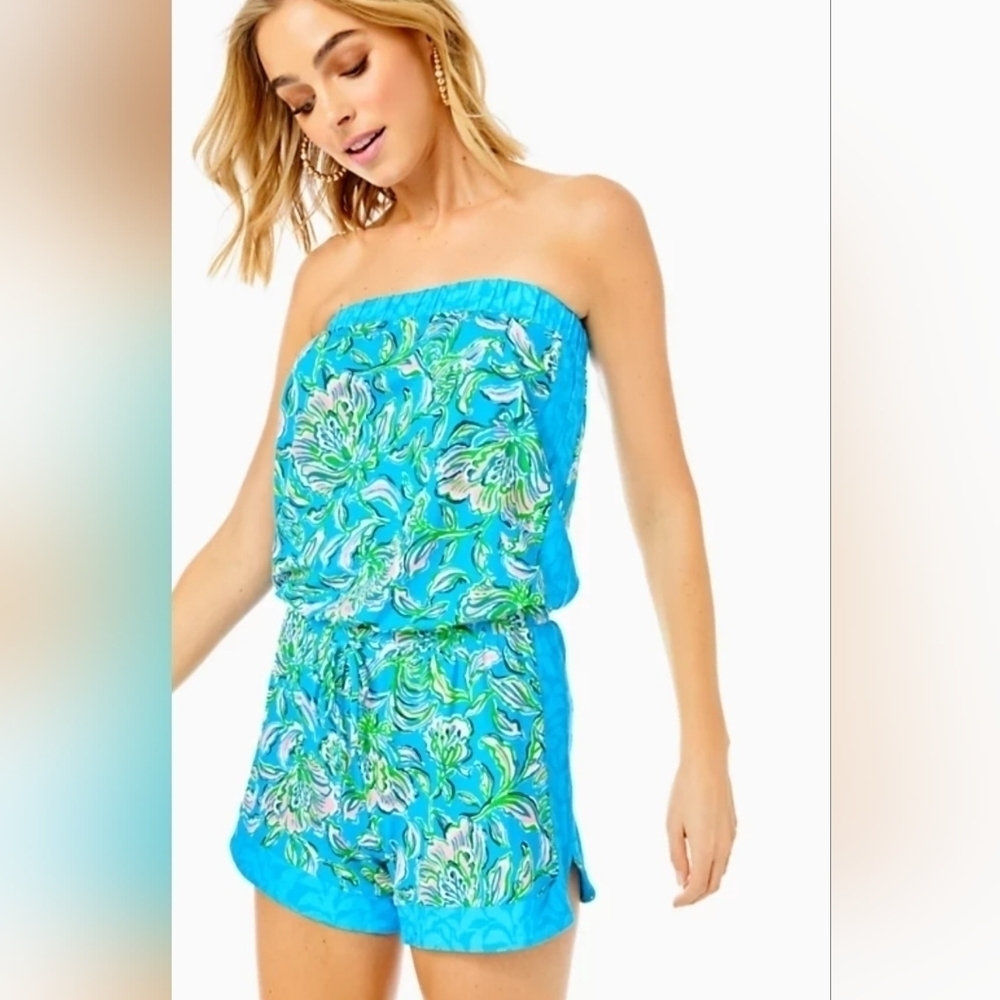 Lilly Pulitzer Rikki Strapless Cumulus Blue Chick Magnet Romper - Size XXS